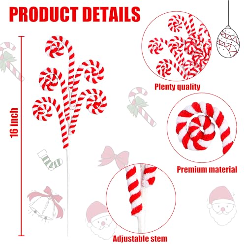 Sggvecsy 6Pcs Red Candy Cane Woolen Bell Christmas Tree Picks - 16in Lollipop Curly Ornament