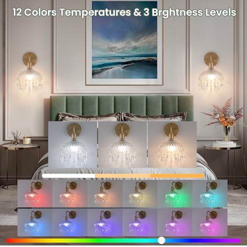Crystal-2pack Vintage Wireless Wall Sconces with Remote, Rechargeable Battery, Antique Brass Finish, 9.05in - Set of Two