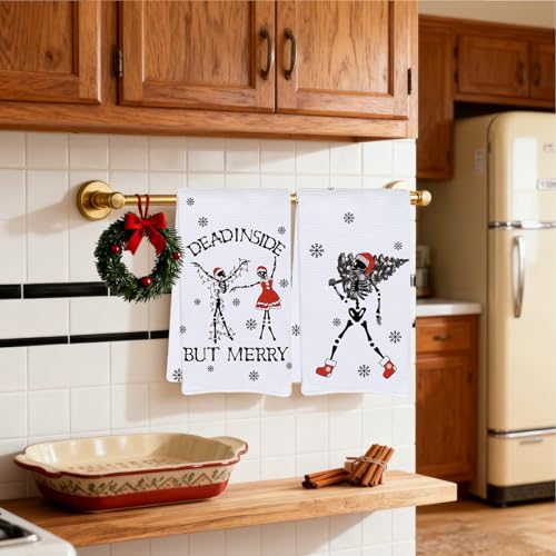 Skeleton Christmas Kitchen Towels 4-Pack - Gothic Black White Red Cotton Dish Towels