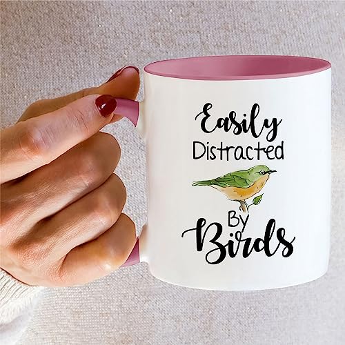 Retreez Easily Distracted by Birds Coffee Mug, White w/ Pink Handle - 11 oz