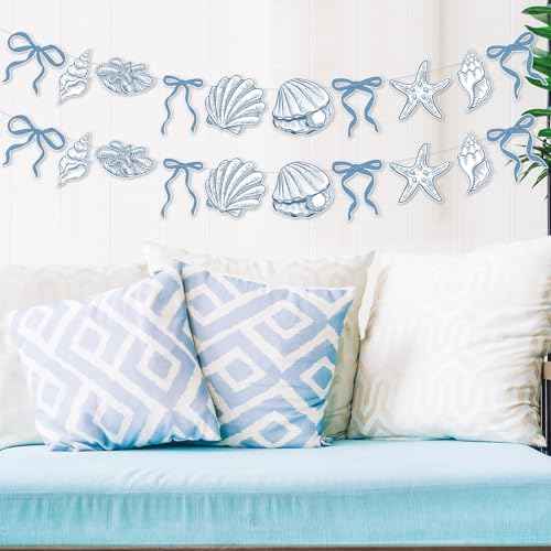 Oudain 2 Pack Blue Bow Starfish Seashell Garland 6.56 ft Blue Coastal Christmas Banner Decor Ocean Nautical Beach Christmas Ornaments Under The Sea Paper Hanging Banner for Birthday Mermaid Xmas Party