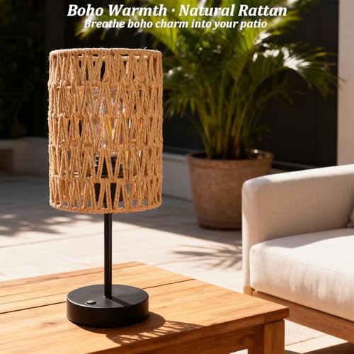 Rechargeable Outdoor Rattan Table Lamps Set of 2 - Beige Boho Cordless Patio & Indoor Lighting