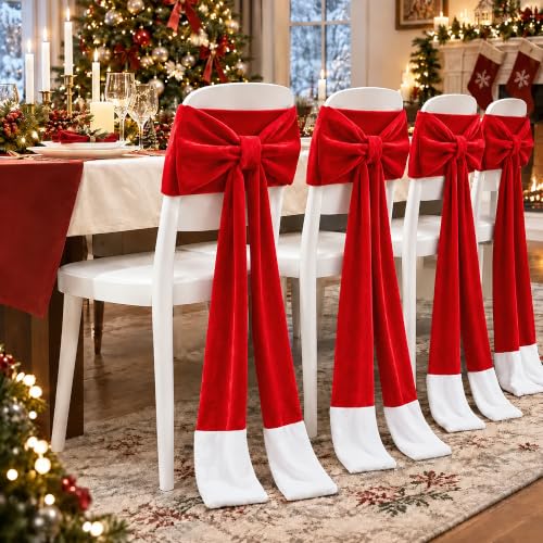 Iceyyyy 4 Pcs Red Velvet Christmas Chair Bow Sashes - Holiday Decor