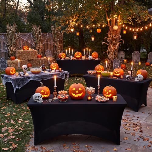 Fixwal 8FT Black Fitted Spandex Tablecloth - 6 Pack, Rectangular, Stretchy and Wrinkle-Resistant