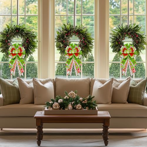 Montekin Large Green Candy Pattern Christmas Wreath Bows 20x11 Inches, Set of 2