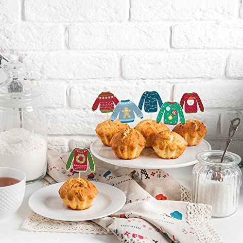 Gyufise 36Pcs Ugly Sweater Cupcake Toppers Christmas Decorations Xmas Party Supplies
