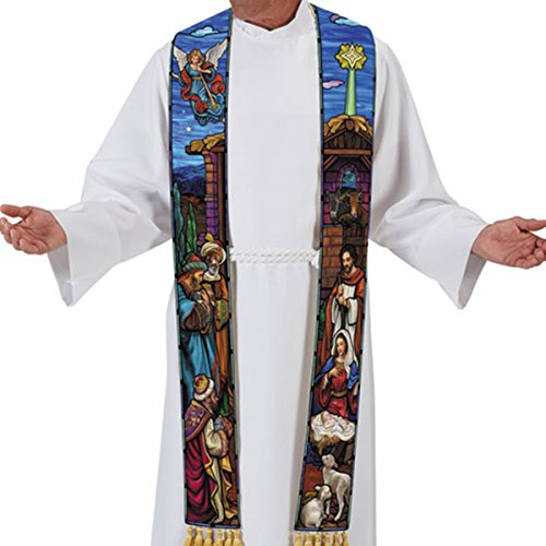 Stained Glass Christmas Nativity Overlay Stole, 110 Inch Beige