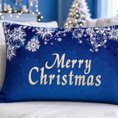ITFRO Royal Blue 12x20in Linen Cotton Decorative Throw Pillow Cover – Christmas Snowflakes