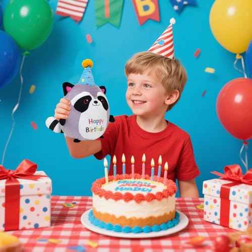 Raccoon Plush Toy 10 Inch Cute Birthday Stuffed Animal Soft Raccoon Plushies Pillow Wear Unicorn Birthday Hat Kawaii Cartoon Doll Gifts for Kid Toddlers Home Room Decoration