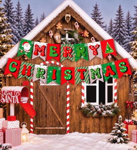 Red and Green Merry Christmas Banner - Indoor Outdoor Xmas Decorations for Home Fireplace