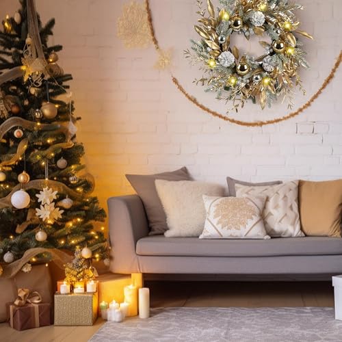 Zavothy 19-Inch Christmas Wreath with Warm Lights, Balls, Pine Cones & Berries - Variation 2
