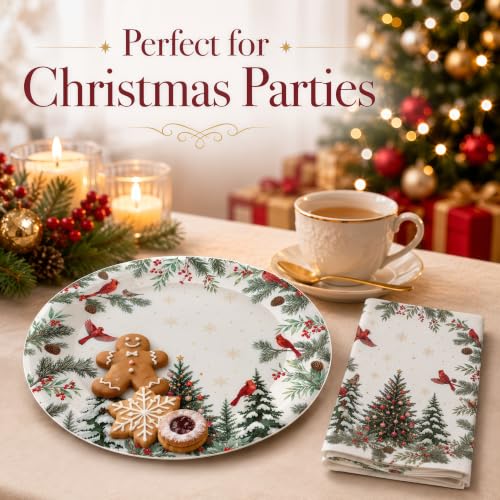 Christmas 50 Pcs Plates & Napkins Set - Cardinal Holiday Tableware, 7 Inch
