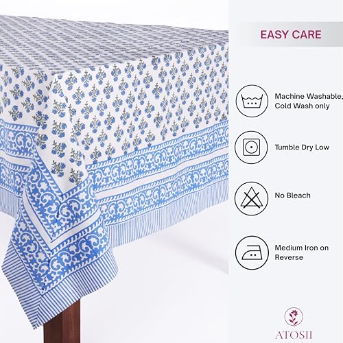ATOSII Gulbahar Blue 100% Cotton Fall Rectangle Tablecloth 60x108 Inches, Hand Block Print, Washable, Perfect for Holidays & Events