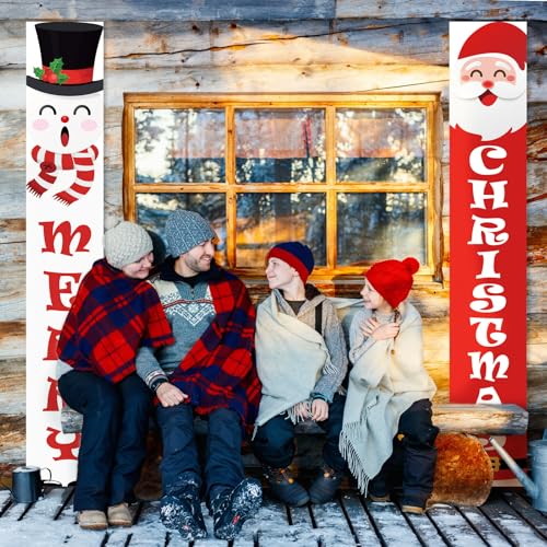 Christmas Porch Banner Sign Snowman Santa Claus Merry Christmas Banner for Xmas Holiday Wall Hanging Decor Supplies Indoor Outdoor
