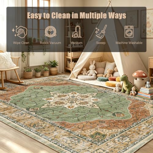 YARNSCAPE 8' x 10' Sage Green & Terracotta Washable Area Rug, Non-Slip Low-Pile Carpet