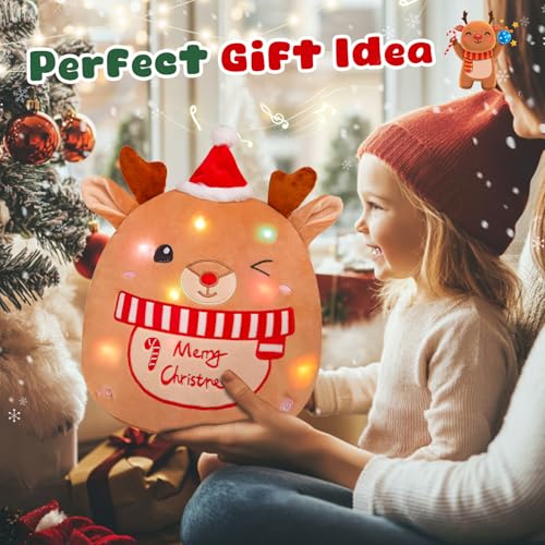Athoinsu Light up Musical Christmas Elk Soft Plush Pillow 14 Inches Xmas Reindeer Plush Pillow for Toddler Kids Boys Girls Party Home Decorations