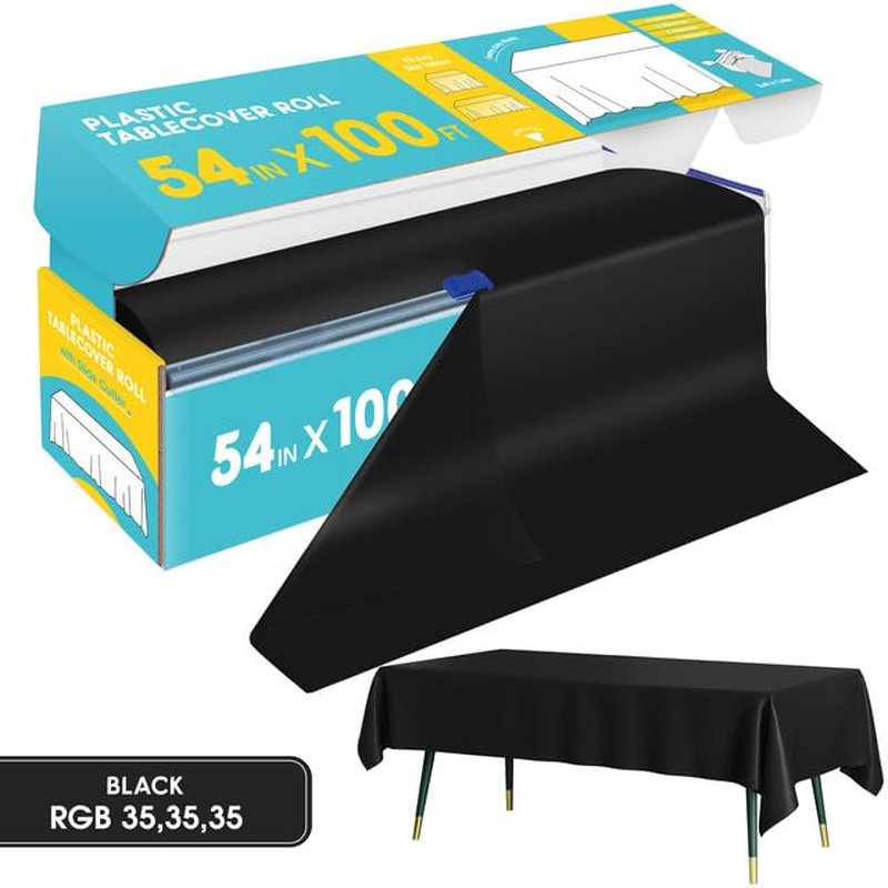 Niuara Black Plastic Table Cover Roll - 54IN x 100FT, Table Cloth for Rectangle Table with Slide Cutter, Plastic Table Cloth Disposable with Cut-to-Size Design for Weddings, Banquets, Parties