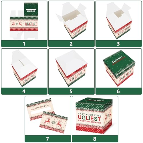 Christmas Ugly Sweater Contest Ballot Card Box, Voting Cards Box Set with 50 Voting Cards, Ugliest Sweater Contest Ballot Box for Game & Party Supplies, Holiday Xmas Games Party Decorations