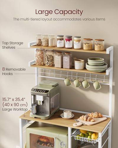 VASAGLE Kitchen Baker's Rack with Power Outlet, 35.4W x 65.2H, Golden Oak + Cloud White