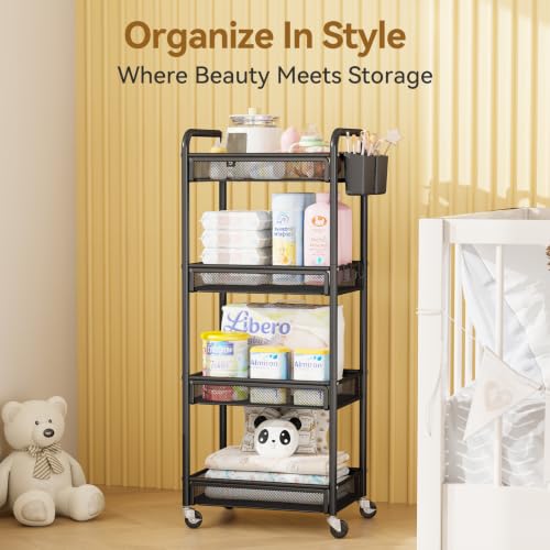 YASONIC 4-Tier Rolling Storage Cart with Wheels - Black Metal Utility Cart