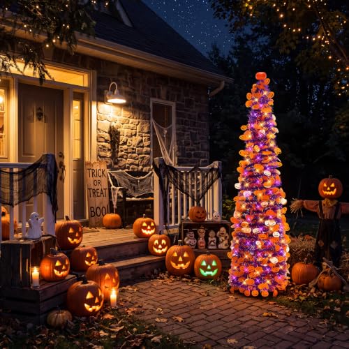 WOKEISE 5FT Purple-6 Halloween Pumpkin Tree with Remote Timer & LED Lights