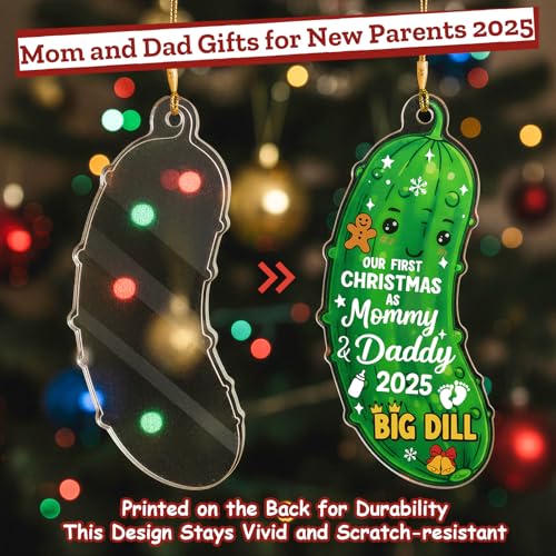 MAMAGIFTREE 2025 Our First Christmas as Mommy & Daddy Ornament - Baby's 1st Christmas Pickle Ornament, Big Dill Keepsake Gift for New Parents, Expecting Mom and Dad - Premium Glass