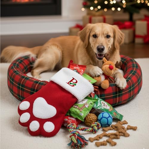 Pet Christmas Stocking with Initials - Large Embroidered Monogram Paw Shape, Red Paw Letter K
