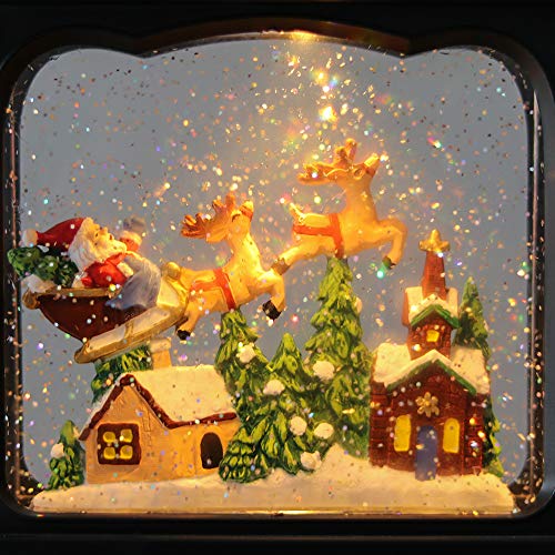 Lasumora Christmas Snow Globe H-santa in a Sleigh Flying Scene with Music & Timer, Glitter Water Lantern, USB/Battery Operated