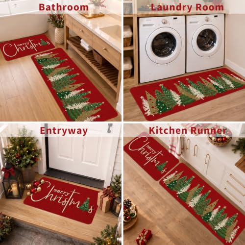 Christmas Tree Kitchen Mat Set of 2, Red - Non-Slip Linen Rugs for Indoor/Outdoor, 17x47 Runner + 17x30 Door Mat (Variation: Christmas Tree-red)