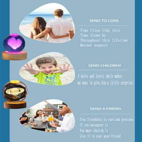 3D Saturn Crystal Ball Night Light with LED Stand, Saturn Planet Figurine Lamp Decoration Glass Sphere Paperweight Decorative Balls,Suitable as Night Lights Bedroom Decorations(3.15 in,80mm)