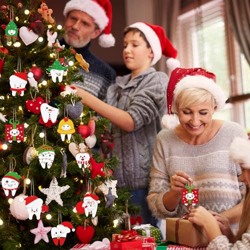 48Pcs Christmas Tooth Ornaments Set - Funny Wooden Dentist Holiday Decor