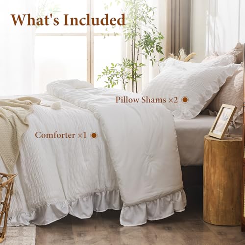 JOLLYVOGUE White Full Size 3-Piece Seersucker Comforter Set - All Season Lightweight Bedding