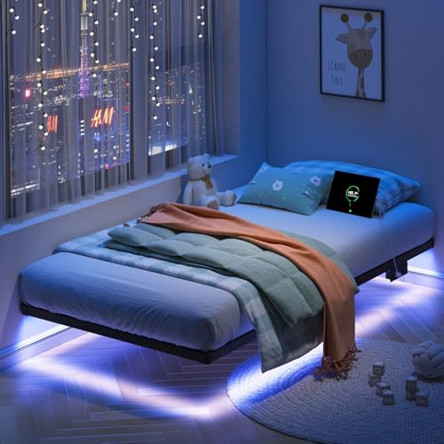 Floating Bed Frame Twin with LED Lights and Charging Station - 8 Inch Height
