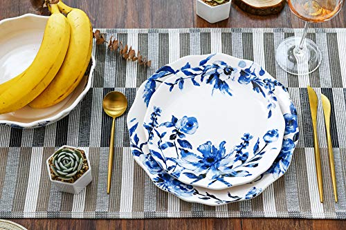 Bico 11-Inch Blue Watercolor Flower Ceramic Dinner Plates Set of 4, Microwave & Dishwasher Safe