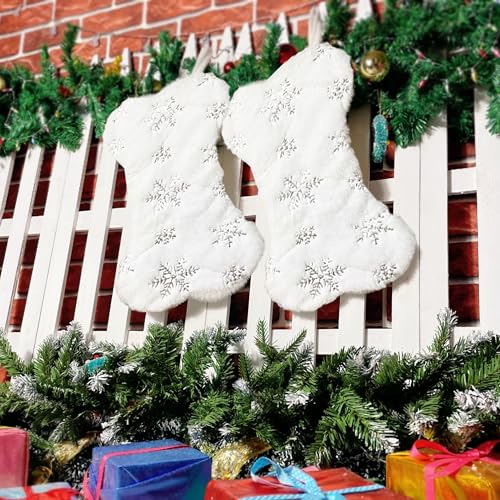 SherryDC White Plush Bone Christmas Stockings for Pet 2 Packs, Snowflake with Silver Foil Stamping, Holiday Hanging Socks for Fireplace Xmas Decor