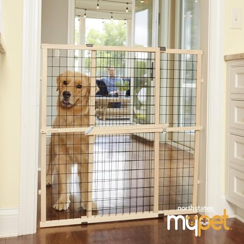 Expandable Wire Mesh Dog Gate - 29.5-48 Inch Wide, 37 Inch Tall, Pressure Mount, Hardwood Frame