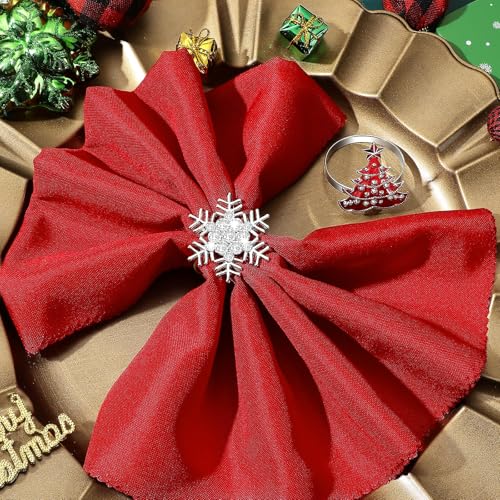 EBOOT 16 Pcs Red Christmas Napkins & Ring Set - Snowflake & Tree, Green