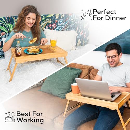 Acacia Wood Breakfast Bed Tray for Two - Couples Food & Drink Serving Table