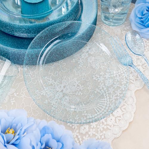 Rubtlamp 180Pcs Blue Glitter Disposable Dinnerware Set for 30 Guests — Plates, Cups & Silverware