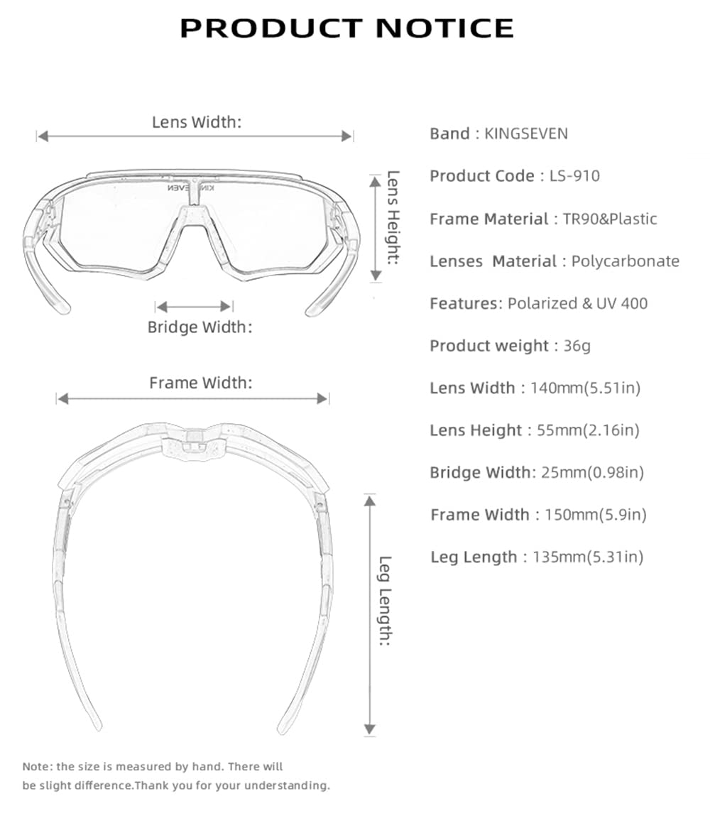 KINGSEVEN Photochromic Cycling Glasses for Men Women Bicycle Sport MTB Road Bike Polarized Sunglasses with 3 Interchangeable Lenses LS910 (C02)