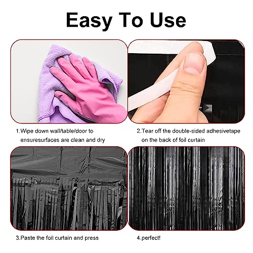 2 Pack 3.28 ft x 6.56 ft Black Tinsel Curtain Party Backdrop Decorations, Metallic Foil Fringe Backdrop Door for Halloween, Christmas, Birthday Graduation Wedding Party Streamers Photo Backdrop.