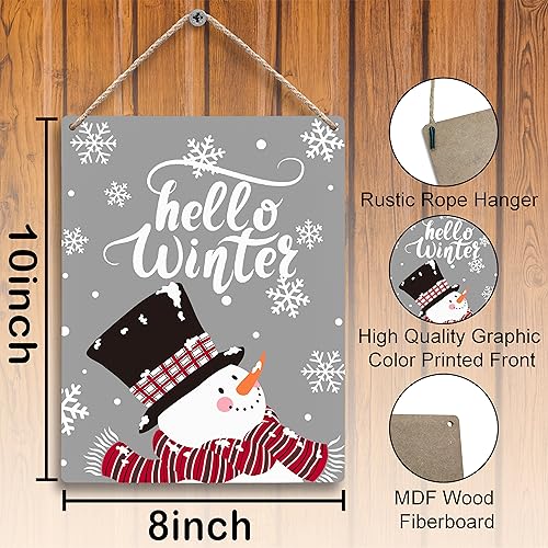 FUGWN Hello Winter Snowman Snowflake Christmas Hanging Wooden Signs 8x10, Winter Decorations for Home, Xmas Wall Decor
