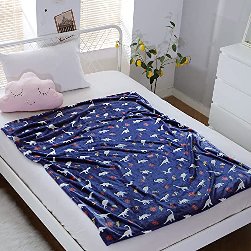 SOCHOW Glow in The Dark Throw Blanket 50 x 60 Inches, Jurassic Dinosaur Pattern Soft Cozy Flannel Fleece Blanket for Sons Daughters, All Seasons Navy Blue Presents Blanket for Preteens Teens