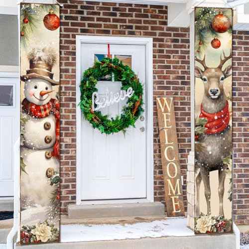 Christmas Porch Sign Banner Merry Christmas Snowman Deer Door Banner for Xmas Holiday Welcome Banner Winter Wall Stretching Portraits For Indoor Outdoor