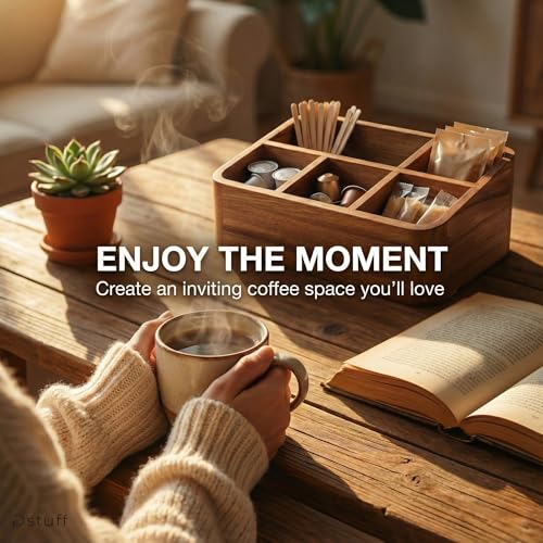 Acacia Wood Coffee Station Organizer with 5 Compartments for Kitchen Countertop and Office