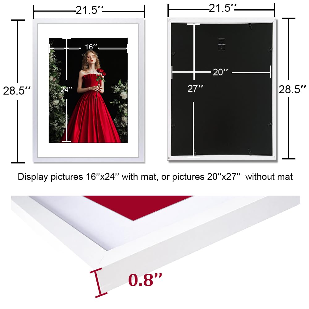 VNVNK 20x27 Frame White, Display 20x27 Inch Picture without Mat Or 16x24 Inch Picture with Mat,Photo Poster Picture Frames for Wall Display - Set of 1