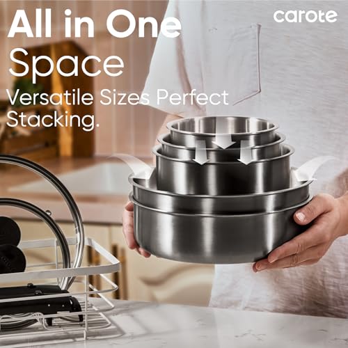 CAROTE 15-Piece Tri-Ply Stainless Steel Cookware Set with Detachable Handles - Silver