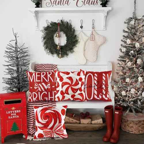 4pcs Christmas Pillow Covers Decoration,18x18in Red Candy Pillow Case Merry Bright Holly Throw Pillow Covers Cushion Cases for Winter Holiday Seasonal Farmhouse Couch Sofa Home Decor