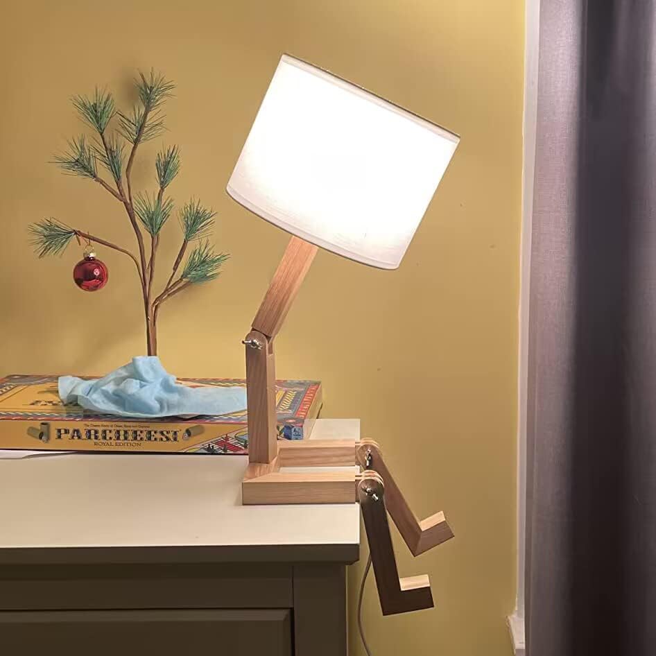 ELINKUME Robot Desk Lamp Set of 2, Creative Bedside Lamp for Bedroom,Wooden Lamp Body Adjustable,DIY E26 Living Room Table Lamps with Fabric Shade,Modern Indoor Decorative Lighting, TB-QBT005-WHM2