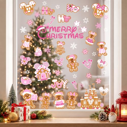 Mouse Pink Christmas Decorations 7 Sheet Gingerbread Window Clings